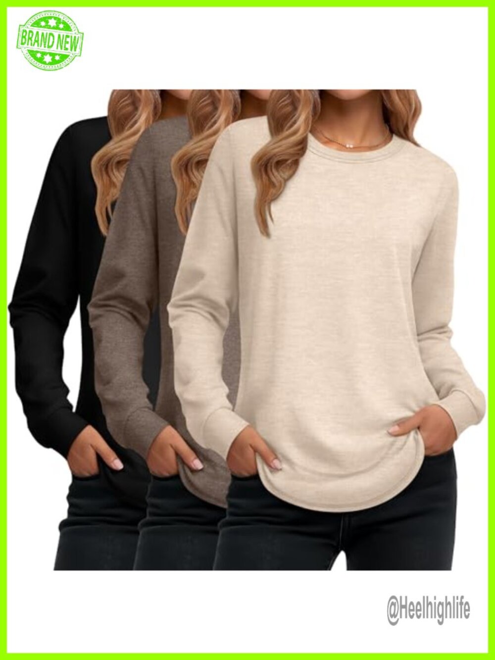 Women's 3 Pack Cotton Blend Crewneck Pullover Sweatshirts Long Sleeve Curved Hem